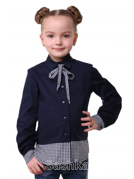 Блуза-сорочка для дівчинки Sashka класична шкільна темно-синя з клітинкою, розмір 116-176